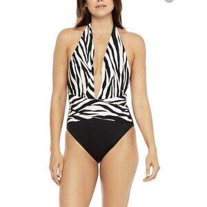 New La Blanca Wrap/Plunge Halter One Piece Swimsuit Zebra Black White Sz 14 $144